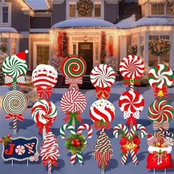 18 Pcs Christmas Candy Yard Signs with 36 Stakes 18 Shapes...